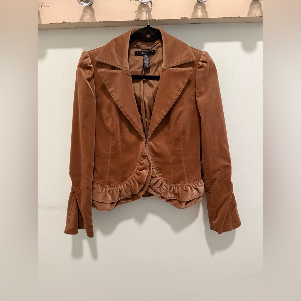 Laundry By Shelli Segal Brownish Velvety Blazer with Ruffled Hem & Bell Sleeves
